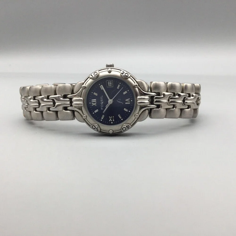 Vintage Fossil ES8070 Womens Watch 25mm Blue Dial Date New Battery 6.25